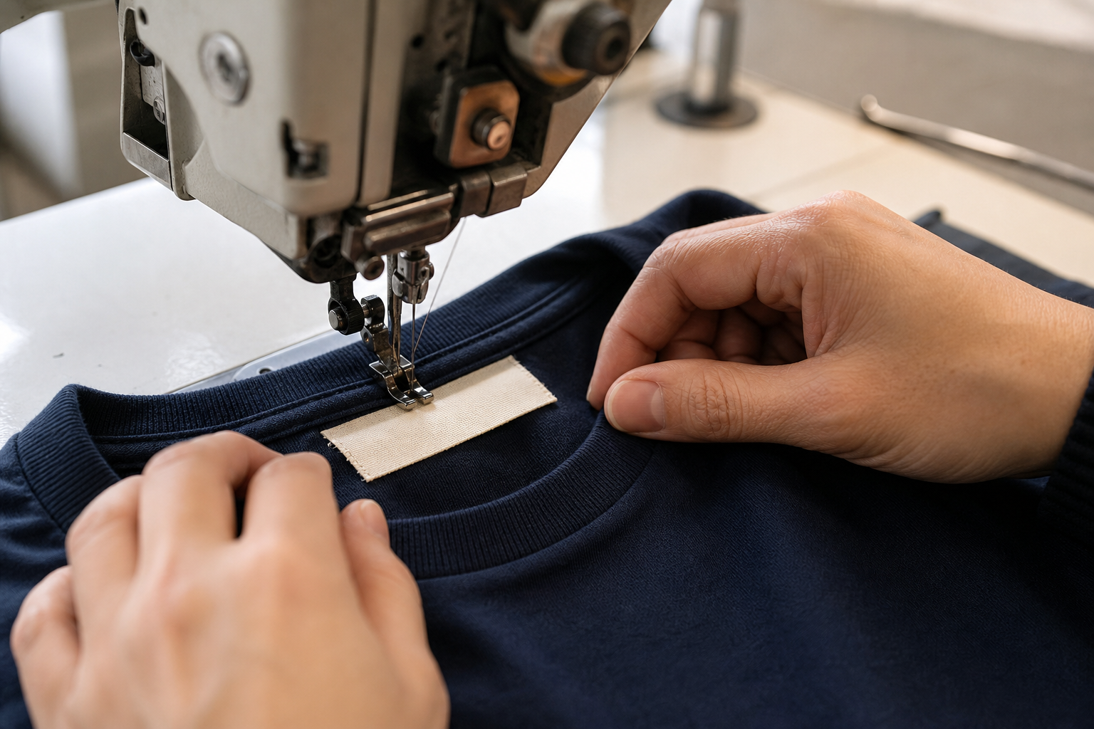 Tシャツの首元へオリジナルタグをミシンで縫い付ける作業