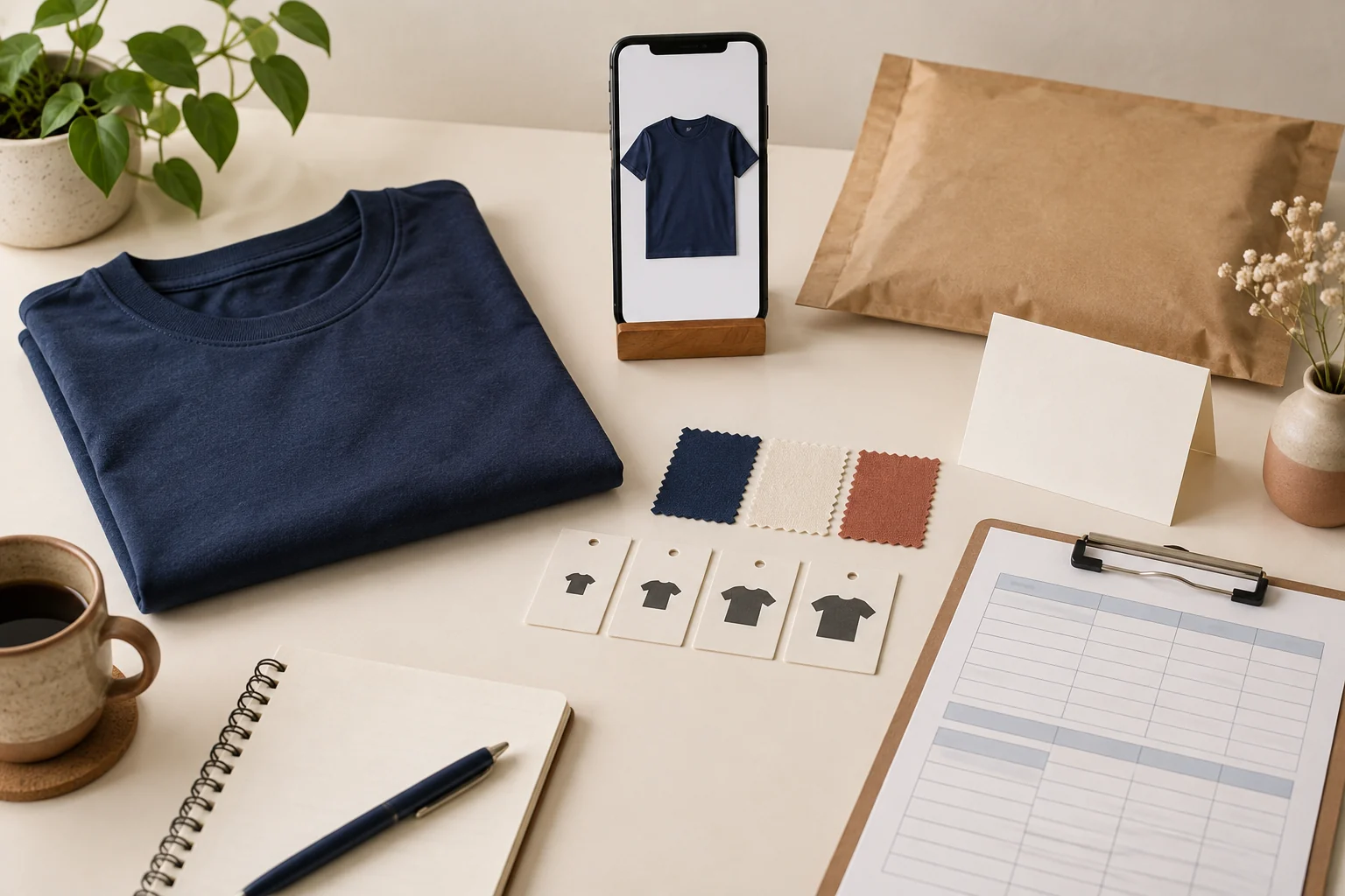 Tシャツの商品撮影、価格検討、梱包を準備するイメージ