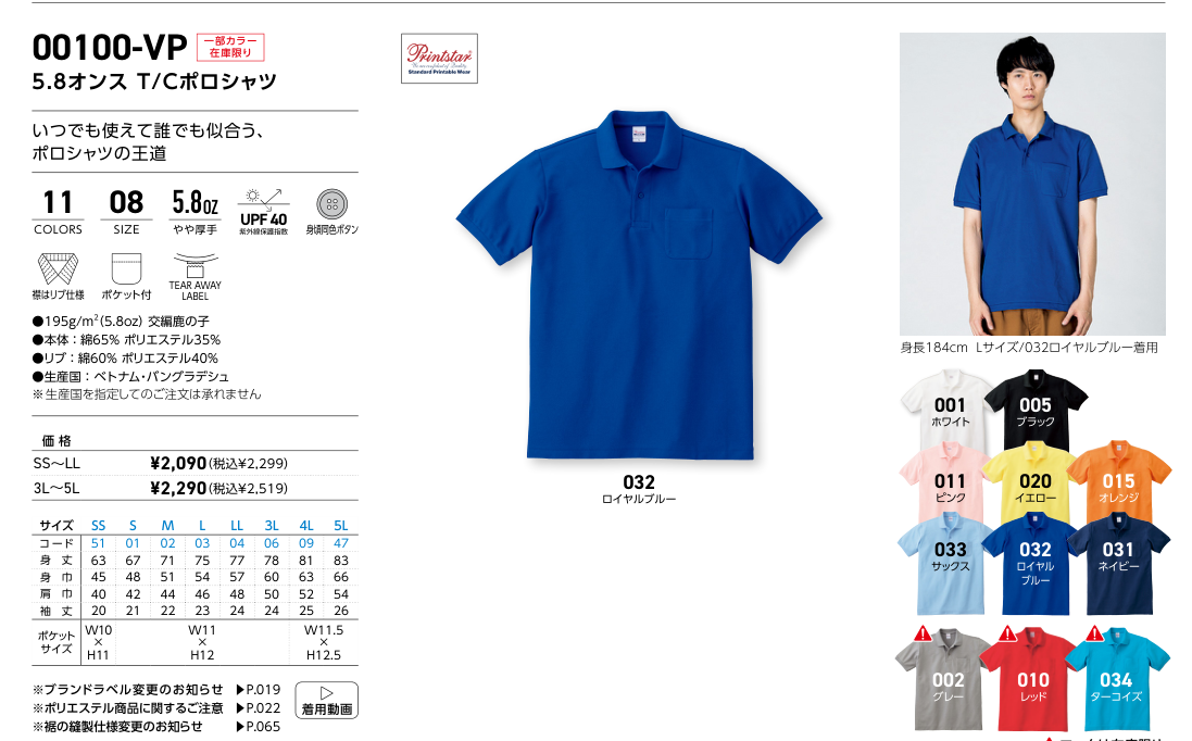 00100-VP サイズ別寸法表・展開カラー
