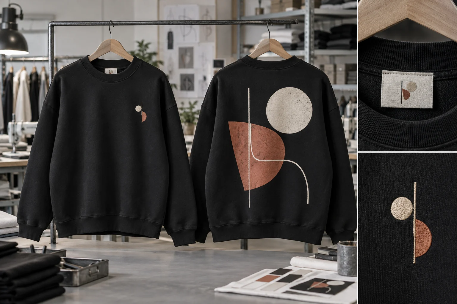 黒いビッグシルエットのスウェットに胸刺繍、背面プリント、首元ブランドタグを組み合わせた仕上がりイメージ
