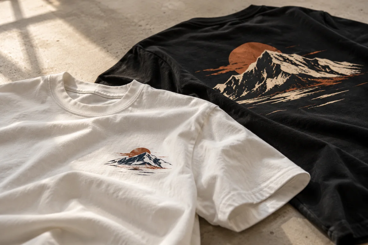 白いTシャツの胸ワンポイントと黒いTシャツの背中の大きなプリントの完成イメージ（AI生成）