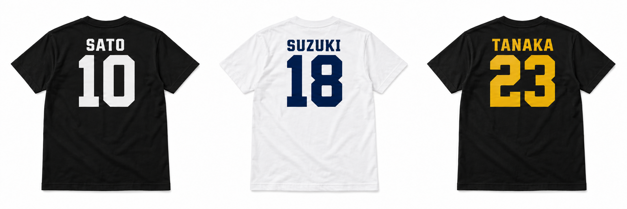 ブラックのTシャツの背中に白の名前SATOと背番号10をプリントした完成イメージ（AI生成）